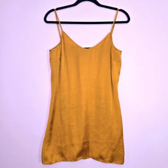 Sisley satin dress gold with ruffled neckline. Comes With Slip dress, size S - Picture 5 of 12